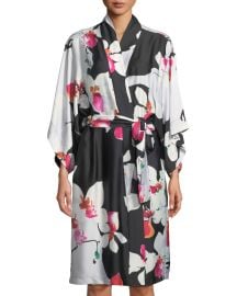 Cattleya Floral-Print Satin Robe at Neiman Marcus